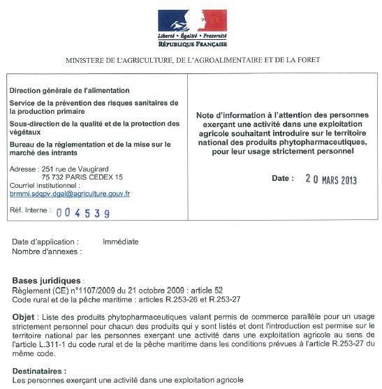 Liste des produits phytopharmaceutiques qui ont le droit d’être importés en France pour un usage personnel