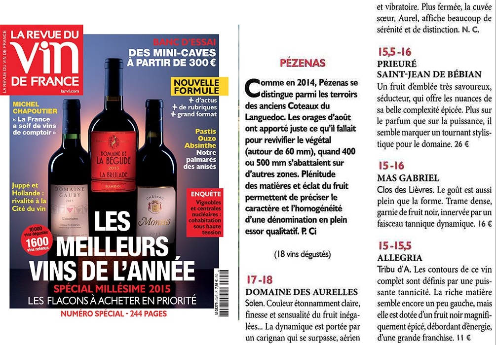 La Revue du Vin de France distingue parmi les meilleurs vins de l’année 2015, les vins de l’appellation Pézenas